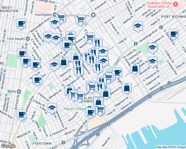 map of restaurants, bars, coffee shops, grocery stores, and more near 2364 East Harold Street in Philadelphia