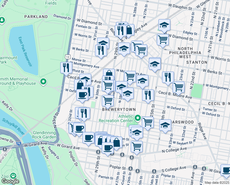 map of restaurants, bars, coffee shops, grocery stores, and more near 1623 North Dover Street in Philadelphia