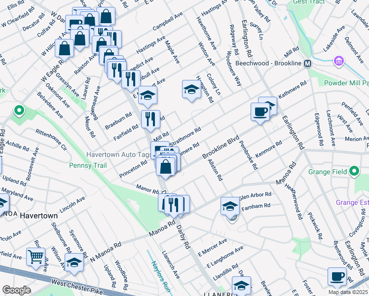 map of restaurants, bars, coffee shops, grocery stores, and more near 108 Kathmere Road in Havertown