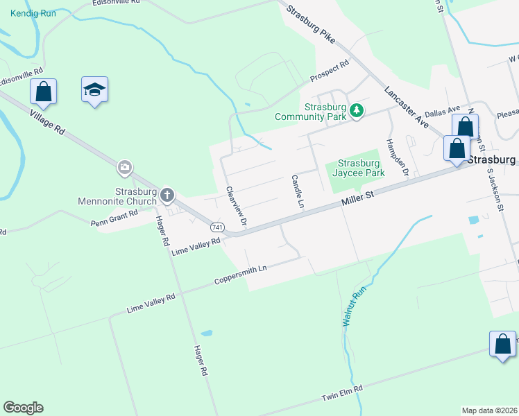 map of restaurants, bars, coffee shops, grocery stores, and more near 321 Sunset Avenue in Strasburg