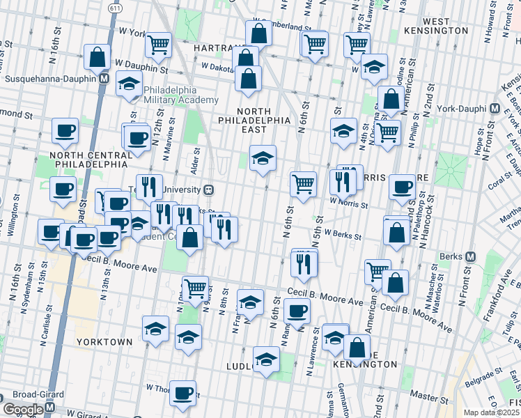 map of restaurants, bars, coffee shops, grocery stores, and more near 1920 North 7th Street in Philadelphia