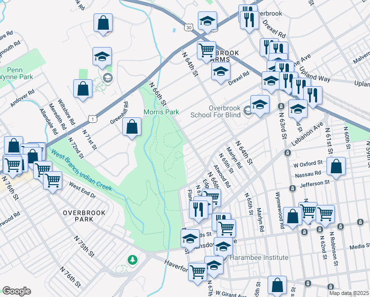 map of restaurants, bars, coffee shops, grocery stores, and more near 6600 Woodcrest Avenue in Philadelphia