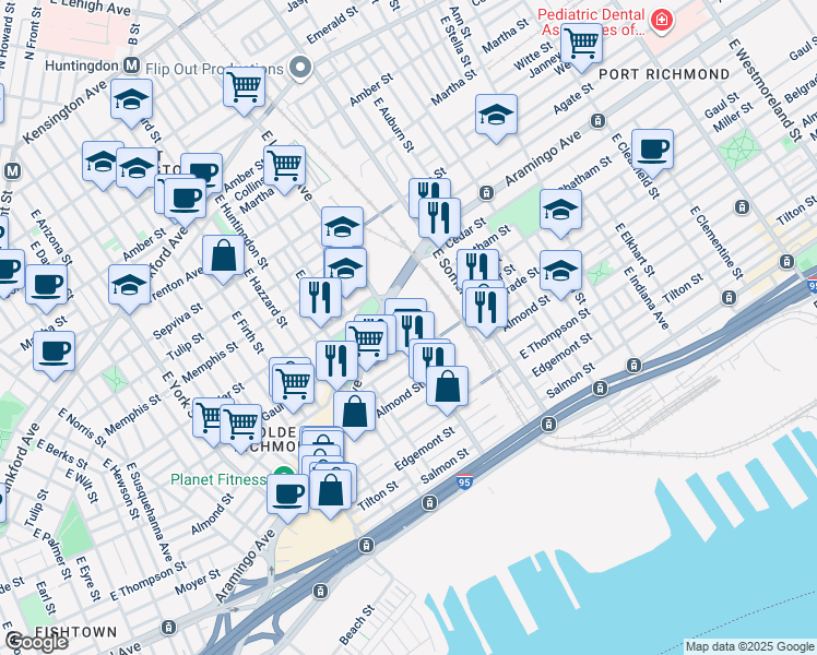 map of restaurants, bars, coffee shops, grocery stores, and more near 2507 East Lehigh Avenue in Philadelphia