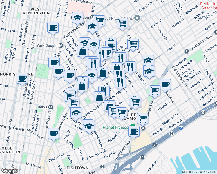 map of restaurants, bars, coffee shops, grocery stores, and more near 2216 East Letterly Street in Philadelphia