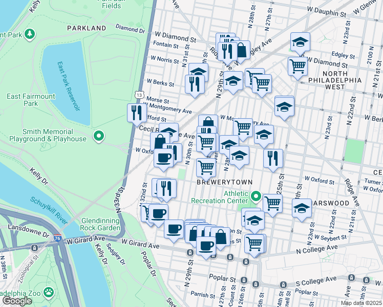 map of restaurants, bars, coffee shops, grocery stores, and more near 1611 North 30th Street in Philadelphia