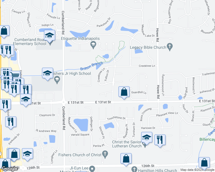 map of restaurants, bars, coffee shops, grocery stores, and more near 10145 Bootham Close in Fishers