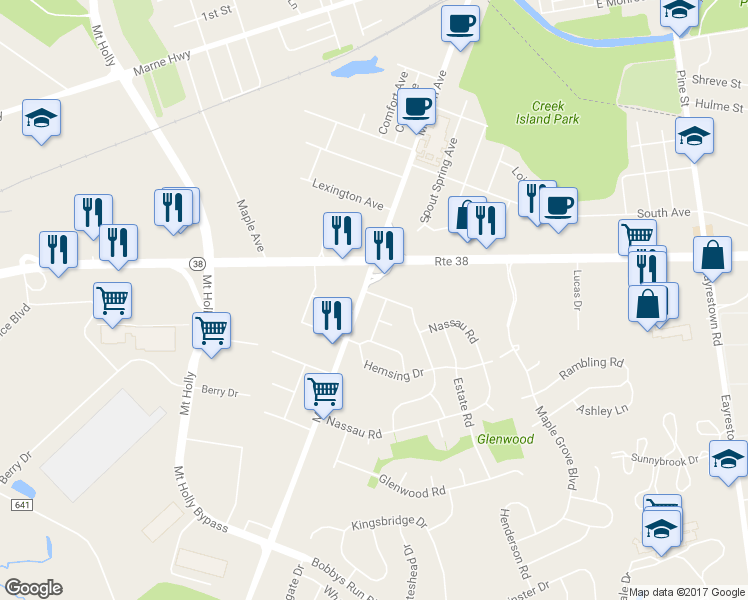 map of restaurants, bars, coffee shops, grocery stores, and more near 2 Rockland Terrace in Lumberton