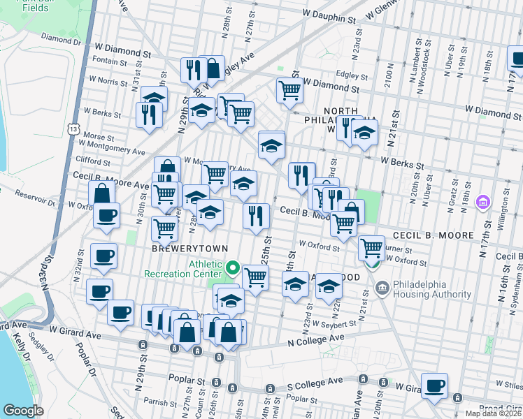 map of restaurants, bars, coffee shops, grocery stores, and more near 2519 Cecil B. Moore Avenue in Philadelphia