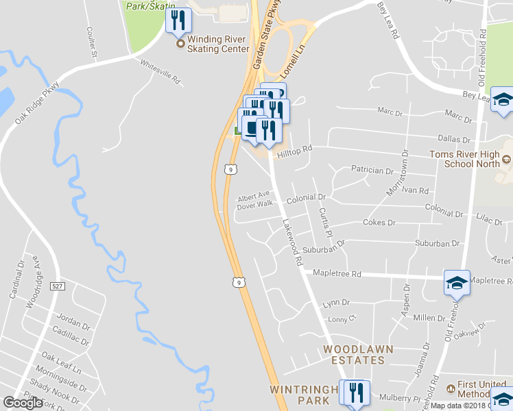 map of restaurants, bars, coffee shops, grocery stores, and more near 17 Dover Walk in Toms River