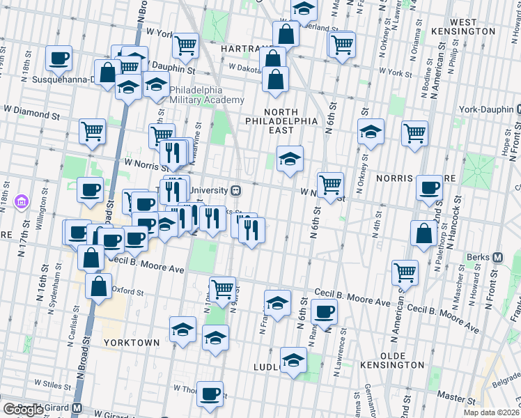 map of restaurants, bars, coffee shops, grocery stores, and more near 1917 North 9th Street in Philadelphia