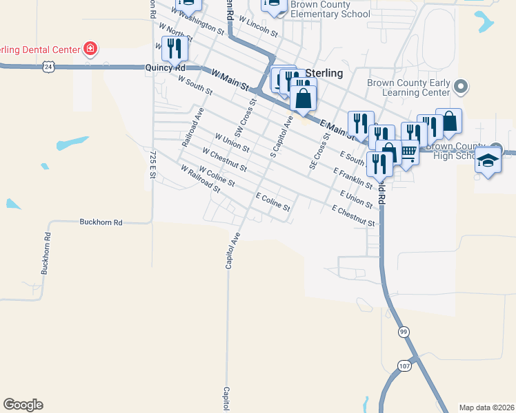 map of restaurants, bars, coffee shops, grocery stores, and more near 112-122 East Coline Street in Mount Sterling