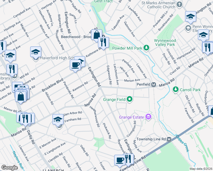 map of restaurants, bars, coffee shops, grocery stores, and more near 520 East Manoa Road in Havertown