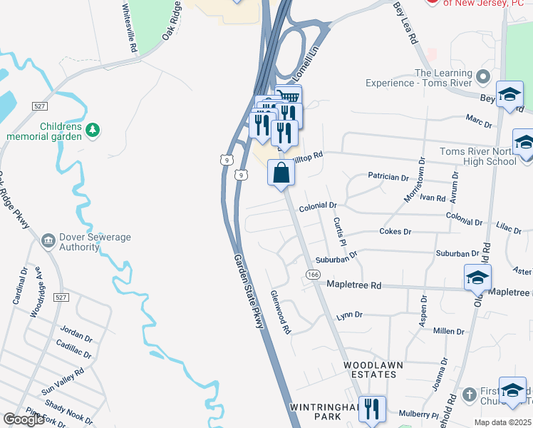 map of restaurants, bars, coffee shops, grocery stores, and more near 17 Dover Walk in Toms River