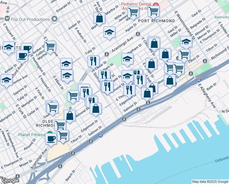 map of restaurants, bars, coffee shops, grocery stores, and more near 2827 Almond Street in Philadelphia