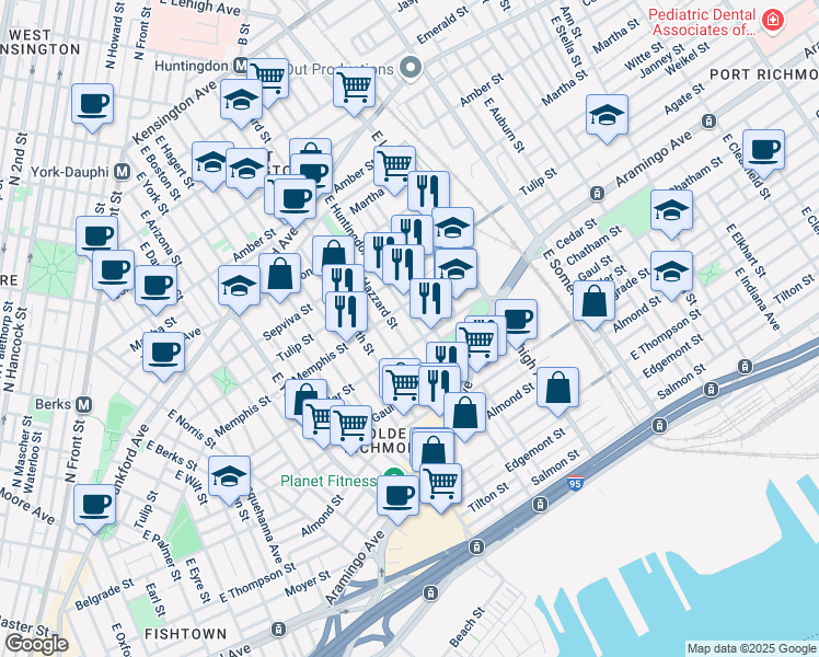 map of restaurants, bars, coffee shops, grocery stores, and more near 2364 East Harold Street in Philadelphia