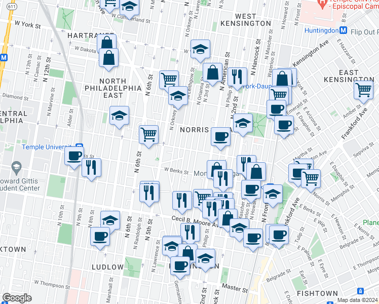 map of restaurants, bars, coffee shops, grocery stores, and more near 402 West Norris Street in Philadelphia
