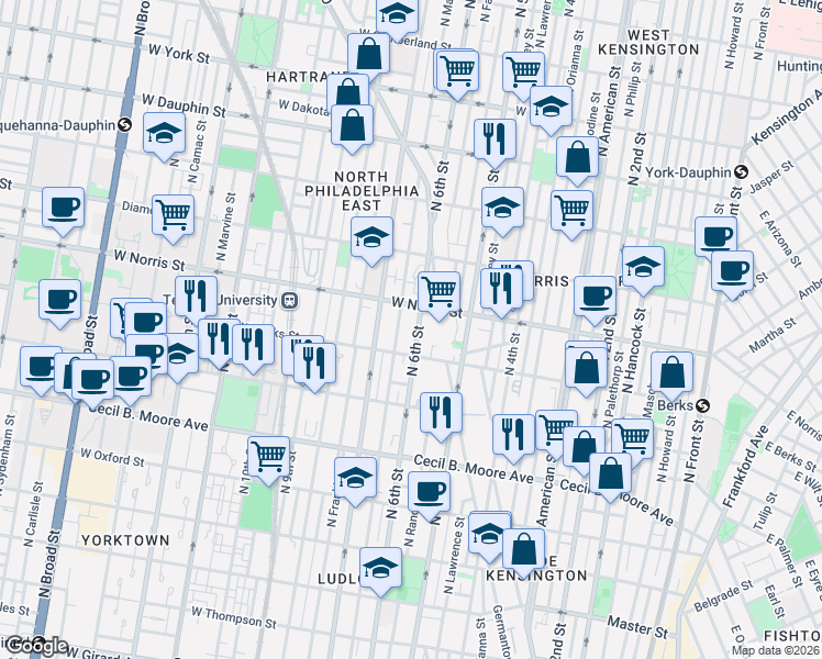 map of restaurants, bars, coffee shops, grocery stores, and more near 1930 North Marshall Street in Philadelphia