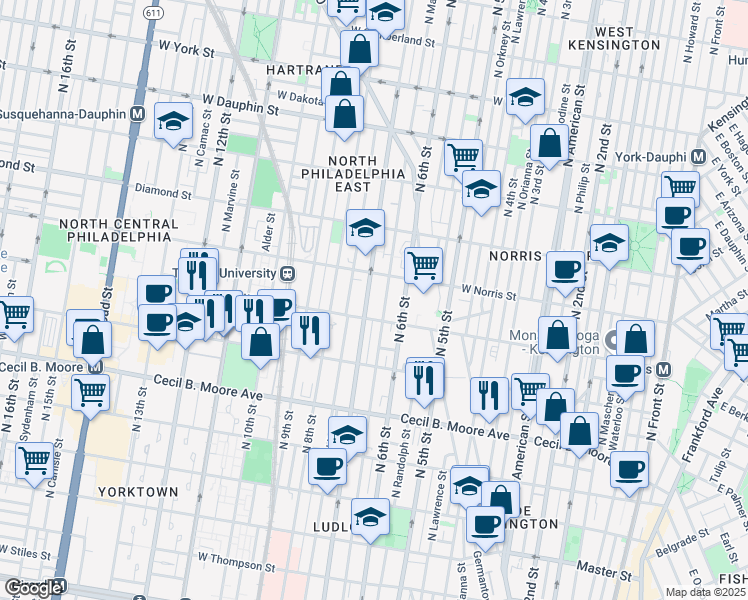 map of restaurants, bars, coffee shops, grocery stores, and more near 1930 North Marshall Street in Philadelphia