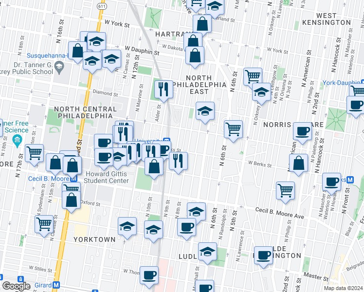 map of restaurants, bars, coffee shops, grocery stores, and more near 1917 North 9th Street in Philadelphia