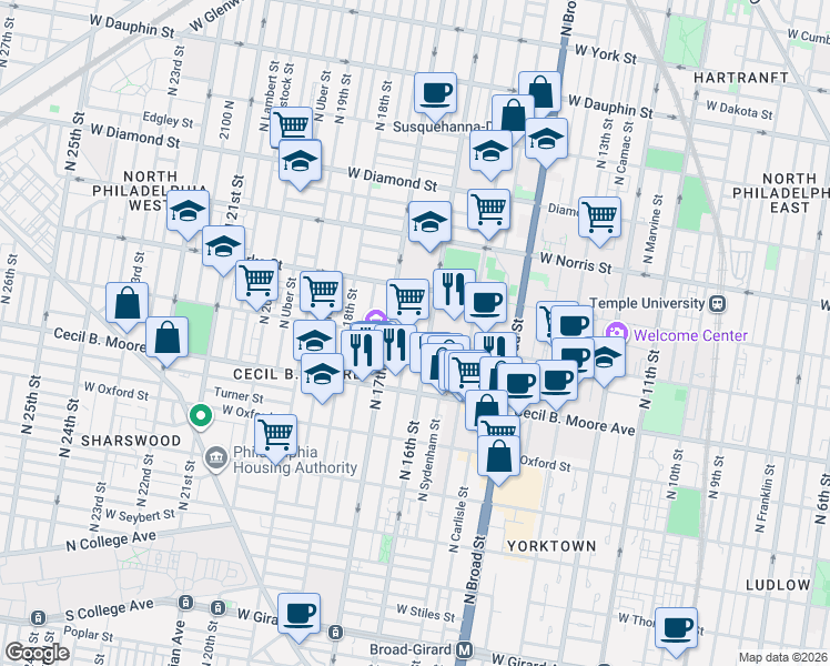 map of restaurants, bars, coffee shops, grocery stores, and more near 1725 West Montgomery Avenue in Philadelphia
