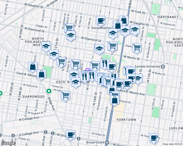 map of restaurants, bars, coffee shops, grocery stores, and more near 1725 West Montgomery Avenue in Philadelphia