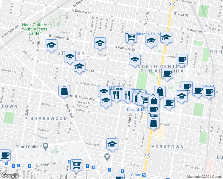 map of restaurants, bars, coffee shops, grocery stores, and more near 1731 West Montgomery Avenue in Philadelphia