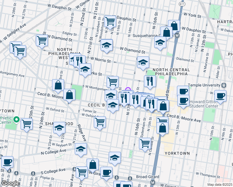 map of restaurants, bars, coffee shops, grocery stores, and more near 1830 West Montgomery Avenue in Philadelphia