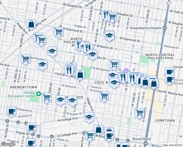 map of restaurants, bars, coffee shops, grocery stores, and more near 1723 North 21st Street in Philadelphia