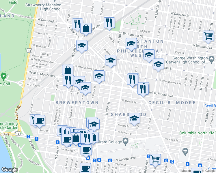 map of restaurants, bars, coffee shops, grocery stores, and more near 2447 Cecil B. Moore Avenue in Philadelphia