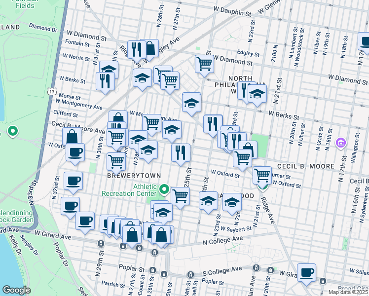 map of restaurants, bars, coffee shops, grocery stores, and more near 2519 Cecil B. Moore Avenue in Philadelphia