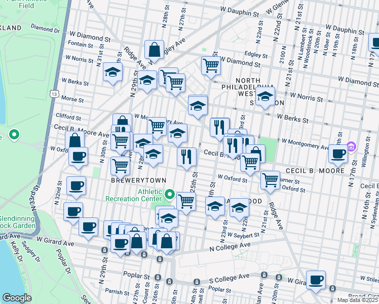 map of restaurants, bars, coffee shops, grocery stores, and more near 2519 Cecil B. Moore Avenue in Philadelphia