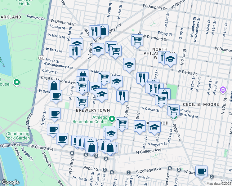 map of restaurants, bars, coffee shops, grocery stores, and more near 2519 Cecil B. Moore Avenue in Philadelphia