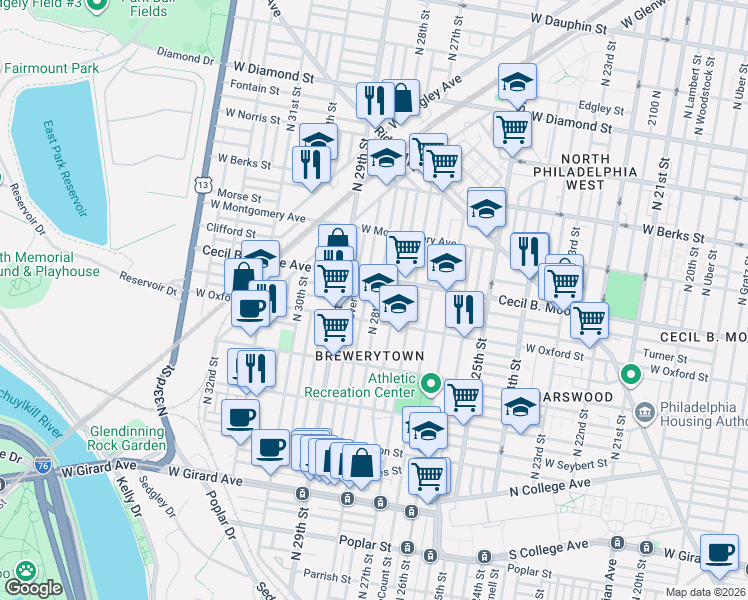 map of restaurants, bars, coffee shops, grocery stores, and more near 1630 North Marston Street in Philadelphia