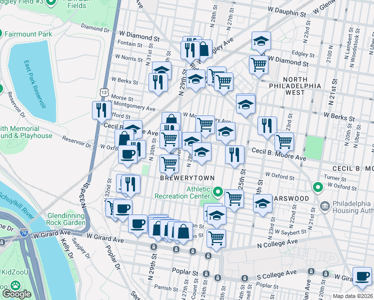 map of restaurants, bars, coffee shops, grocery stores, and more near in Philadelphia
