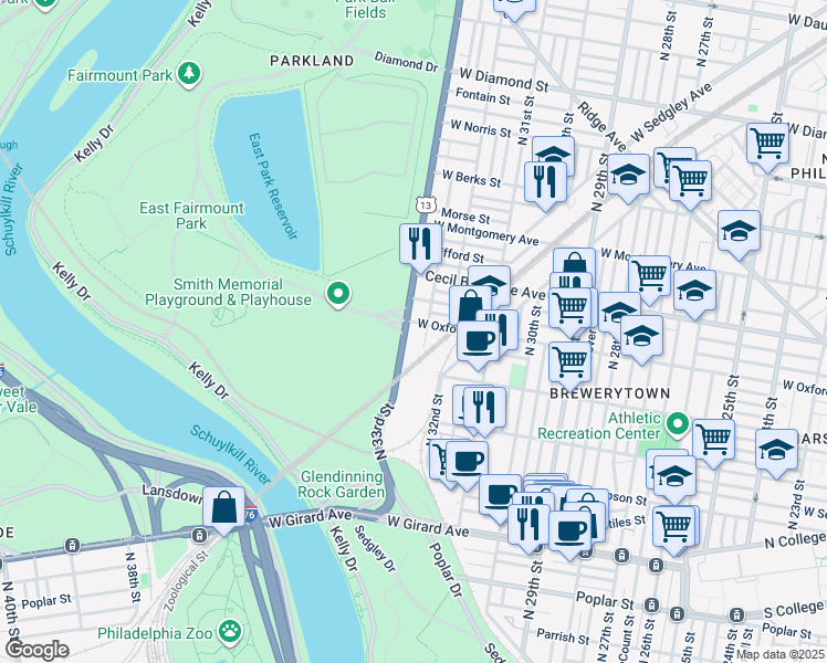 map of restaurants, bars, coffee shops, grocery stores, and more near in Philadelphia