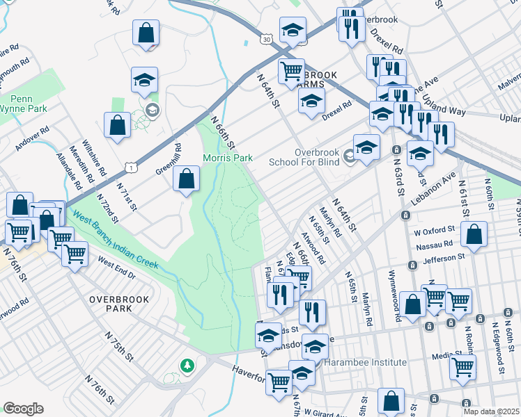 map of restaurants, bars, coffee shops, grocery stores, and more near 6600 Woodcrest Avenue in Philadelphia
