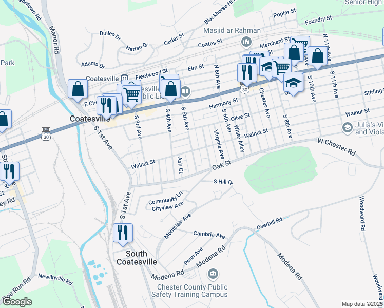 map of restaurants, bars, coffee shops, grocery stores, and more near 423 Walnut Street in Coatesville