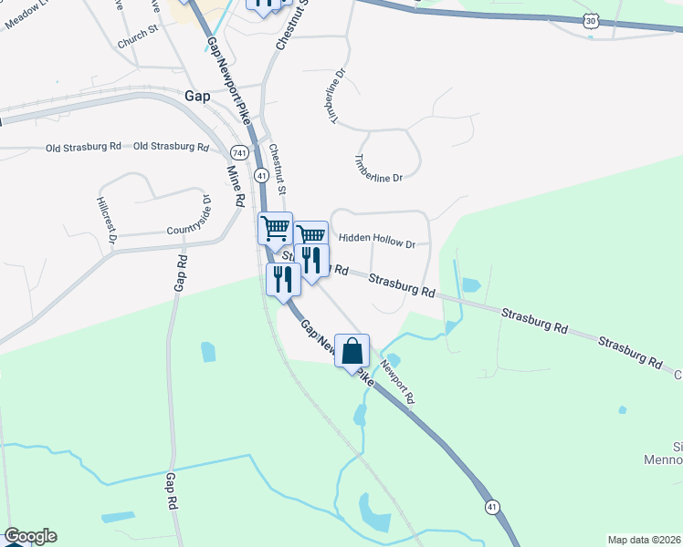 map of restaurants, bars, coffee shops, grocery stores, and more near 5414 Strasburg Road in Gap