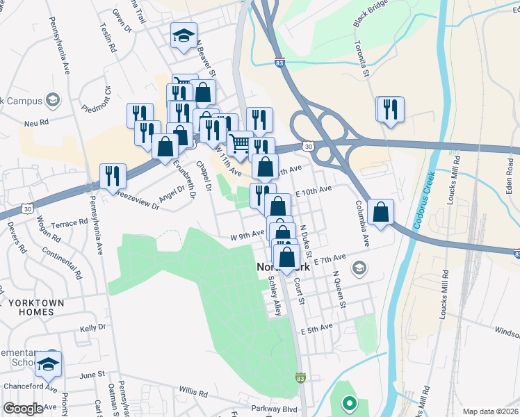 map of restaurants, bars, coffee shops, grocery stores, and more near 1321 North George Street in York