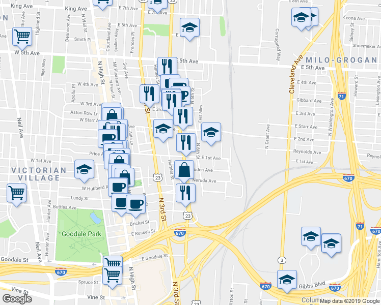 map of restaurants, bars, coffee shops, grocery stores, and more near 224 East 1st Avenue in Columbus
