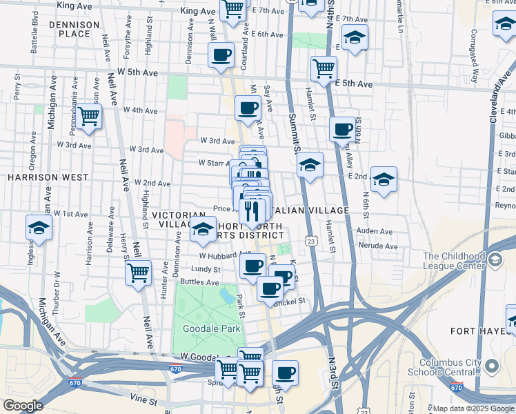 map of restaurants, bars, coffee shops, grocery stores, and more near 906 North High Street in Columbus