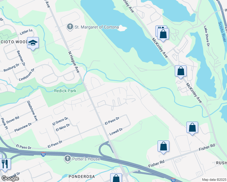 map of restaurants, bars, coffee shops, grocery stores, and more near 2859 La Vista Drive in Columbus