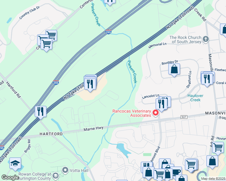 map of restaurants, bars, coffee shops, grocery stores, and more near 439 Monte Farm Road in Mount Laurel Township