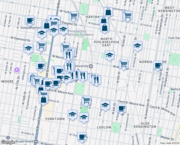 map of restaurants, bars, coffee shops, grocery stores, and more near 927 West Berks Street in Philadelphia