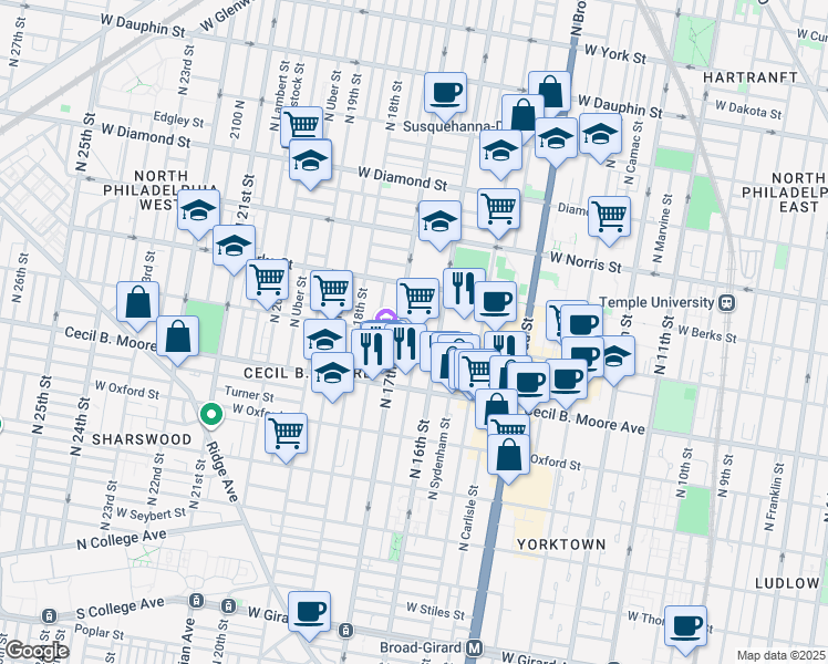 map of restaurants, bars, coffee shops, grocery stores, and more near 1725 West Montgomery Avenue in Philadelphia
