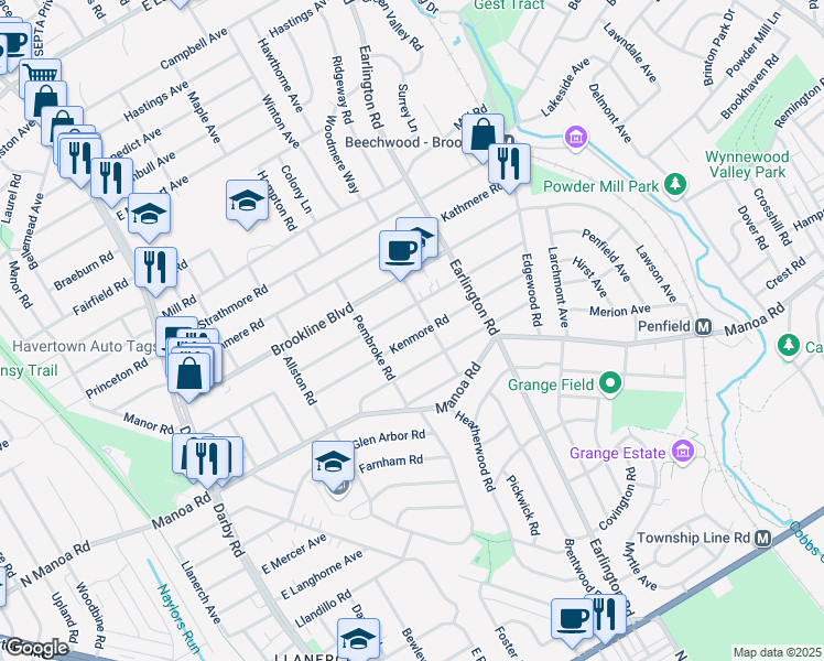 map of restaurants, bars, coffee shops, grocery stores, and more near 328 Kenmore Road in Havertown