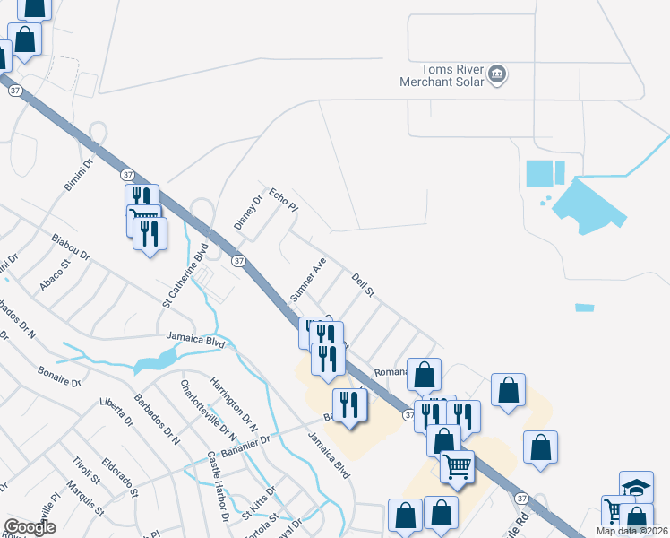 map of restaurants, bars, coffee shops, grocery stores, and more near 1185 Dell Street in Toms River