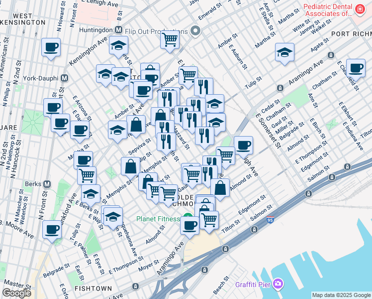 map of restaurants, bars, coffee shops, grocery stores, and more near 2328 East Hazzard Street in Philadelphia
