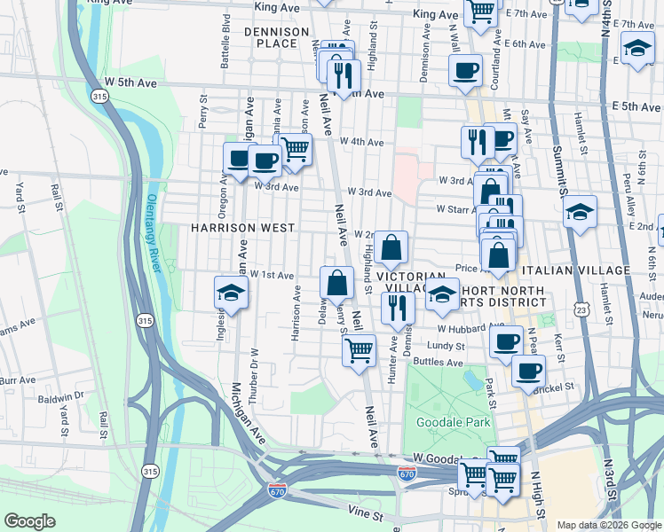 map of restaurants, bars, coffee shops, grocery stores, and more near 956 Delaware Avenue in Columbus