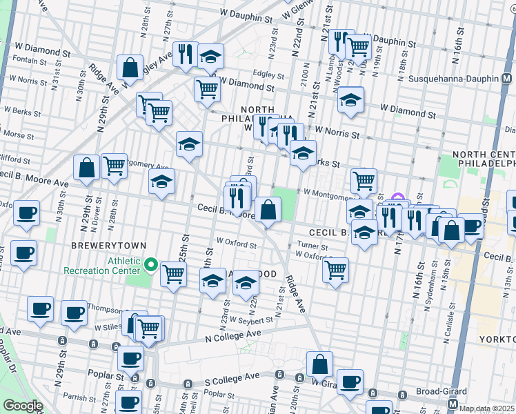 map of restaurants, bars, coffee shops, grocery stores, and more near 1715 North Croskey Street in Philadelphia